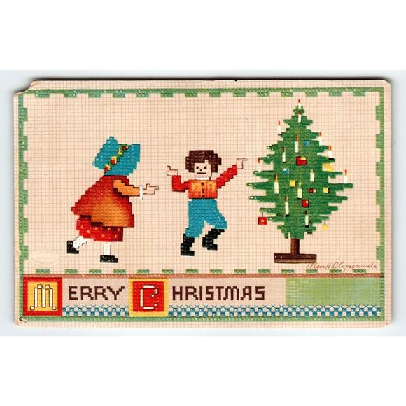 Christmas Postcard Signed Ellen Clapsaddle Grid Background X-mas Tree Children - Picture 1 of 2